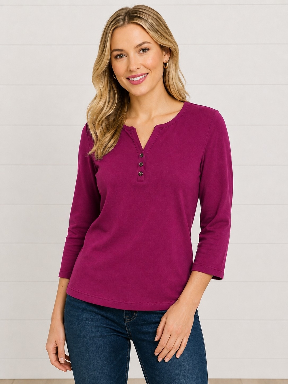 Karen Scott 3/4 Length Sleeve Magenta Henley 100% Cotton Shirt, NWT, Size SP
